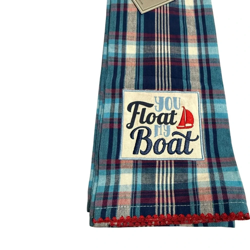 NWT DII‎ You Float My Boat Plaid Kitchen Towel Set of 2 Blue Red Nautical 18x28